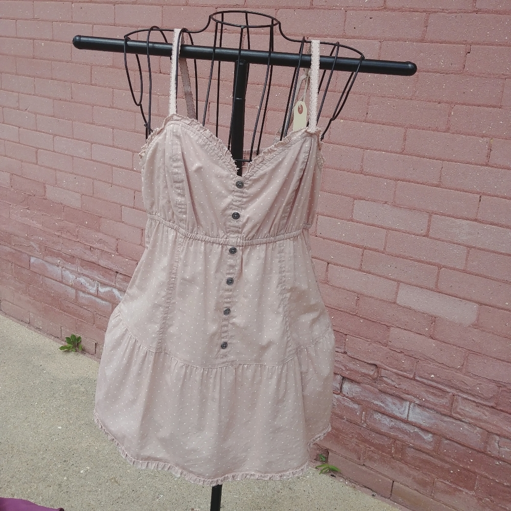 Decree • Y2k Neutral Raw Hem Boho Tan Polka Dot Babydoll Tunic Tank Top Large